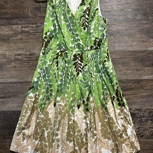 Talbots Green and Brown Leaf Print Midi Dress